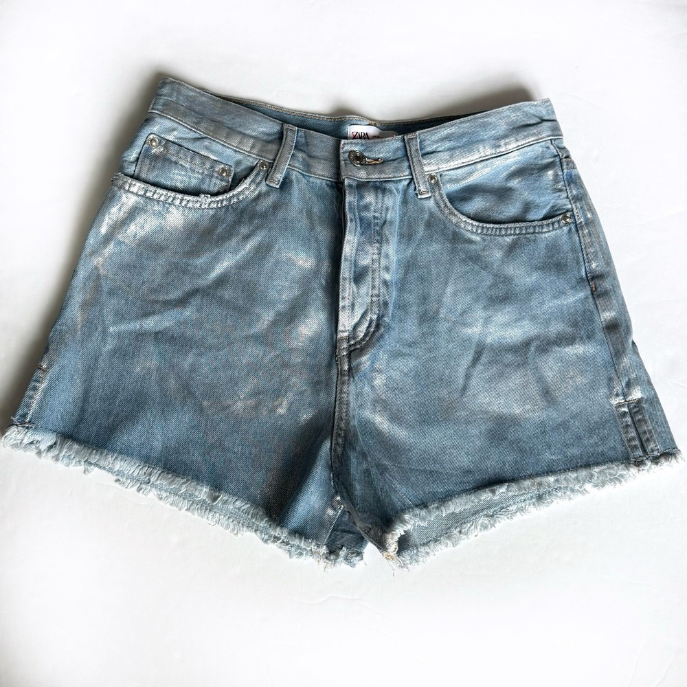 Zara High Rise Micro Split Jean Shorts 10 Blue Metallic Raw Hem Light Wash Denim